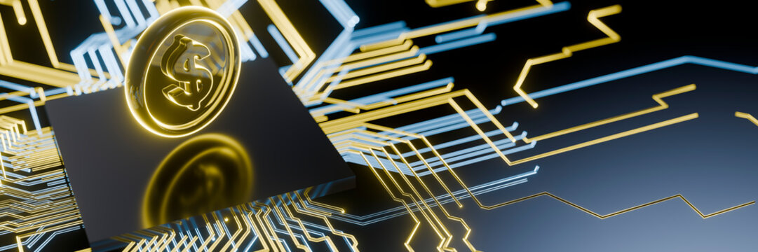 Digital currency coin with dollar sign on circuit board, representing financial technology