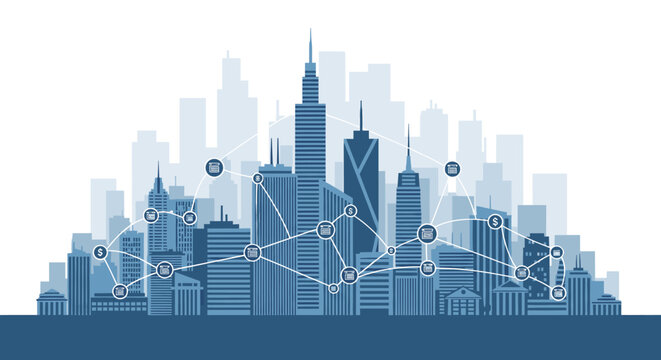 This illustration conveys economic growth and financial investment in a modern cityscape, perfect for marketing materials focused on prosperity and ur