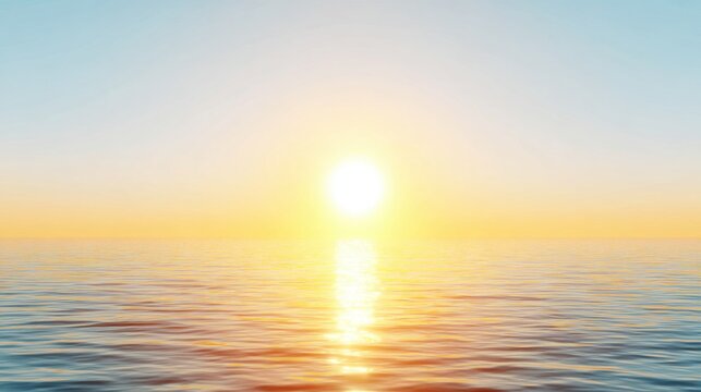 Bright sun over calm ocean with golden reflection on water. Clear sky and smooth waves create tranquil seascape. Minimal marine background with warm light and horizon view