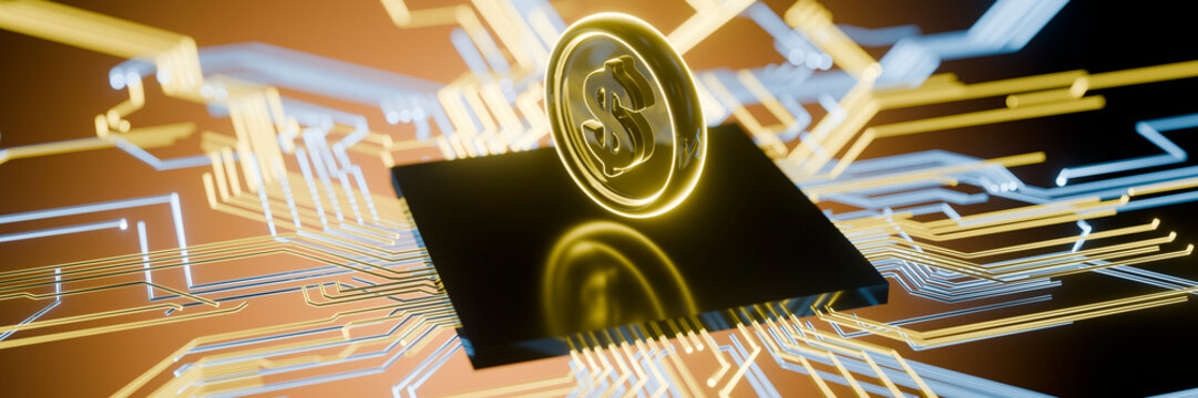 Digital currency coin with dollar sign on futuristic circuit board background
