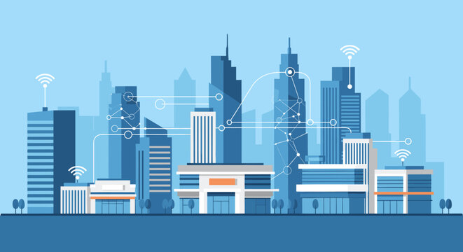 Modern, stylized illustration of a cityscape emphasizing connectivity. Suitable for depicting innovation, technology, and seamless communication in bu