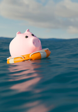 Pink piggy bank floating on a life preserver in the ocean