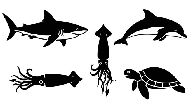 Marine Animals Silhouettes Set: Shark, Dolphin, Squid, and Sea Turtle Vector Icons