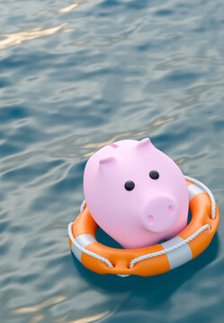 Pink piggy bank with life preserver floating on wavy blue water