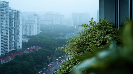Obraz premium Peaceful rooftop garden scene. Calm morning scene with lush plants and skyline background. Tranquil early morning setting featuring garden balcony with distant traffic and open space for text