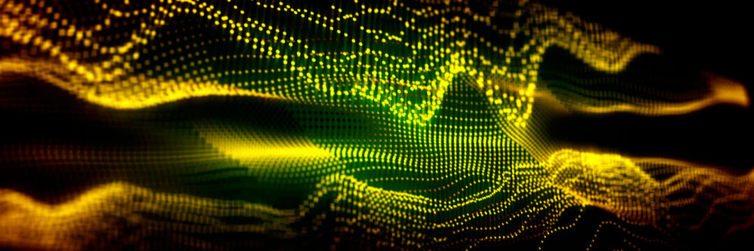 Abstract glowing yellow and green particle wave forms on a dark background