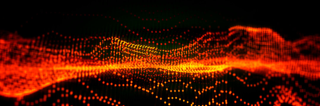 Abstract glowing orange particles forming a dynamic wave pattern on a dark background
