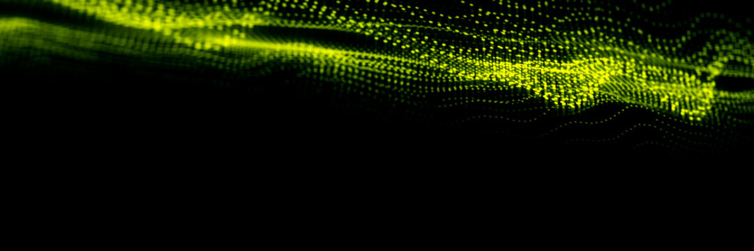 Abstract glowing green particles forming a dynamic wave on a dark background
