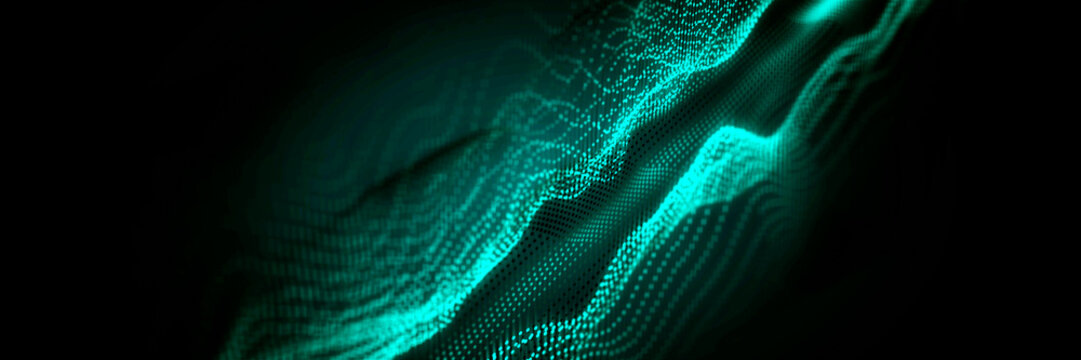 Abstract glowing digital wave of particles on a dark background