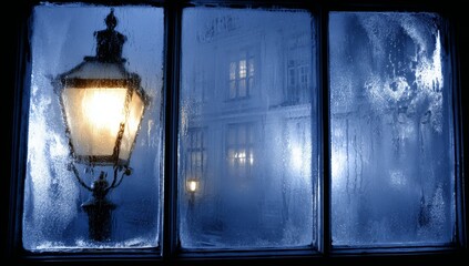Fototapeta premium Mist from breath on the cold window catches the soft streetlight glow outside
