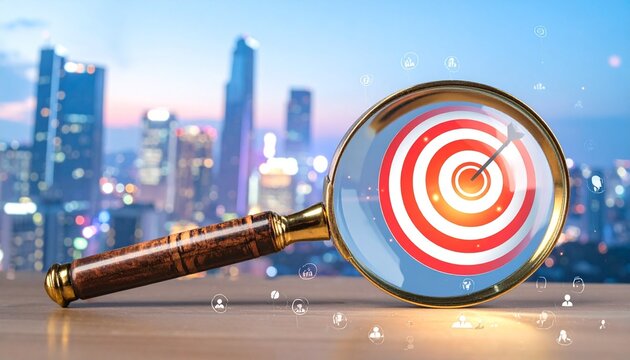 Magnifying glass over red and white target with concentric circles, blurred cityscape at sunset in background, small white icons of people surrounding, symbolizing focus, precision, and audience targe