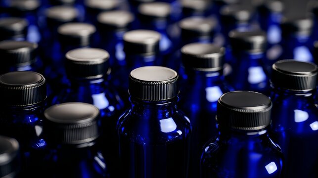 Inside a factory, a close-up shows many tiny blue water bottle caps