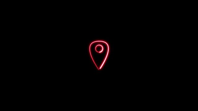A vibrant neon glowing location pin icon illuminates a dark background.