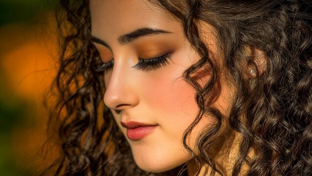 The woman, eyes shut, long wavy hair, and full mink lashes, sports cat‑eye liner and gentle brown eyeshadow, and possesses a natural complexion with pink lips