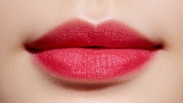 Close-up shot of glossy lips with striking red lipstick on a soft day