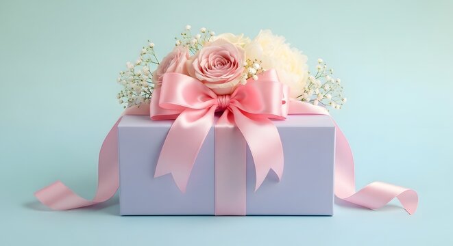 Elegant Gift Box with Pink Roses and Ribbon on Pastel Background