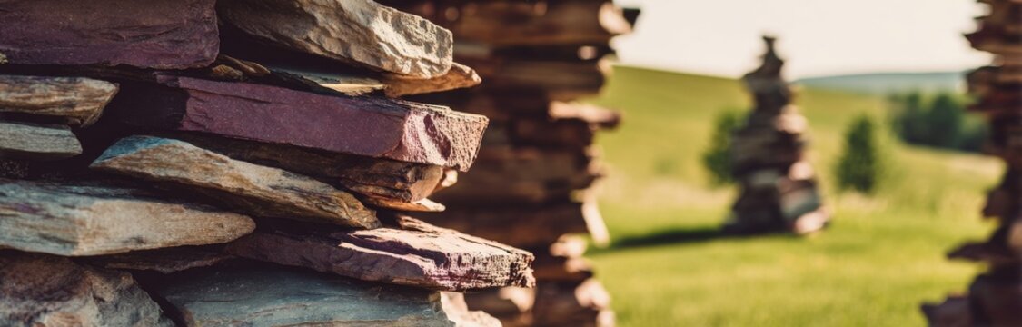 The old wall of varied stones, with a coarse texture and natural composition, serves as a boundary, its weathered blocks attesting to its age along an outdoor garden or country lane
