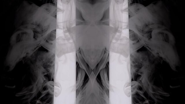 Mirrored white smoke billows slowly between two bright vertical light tubes against a dark background. Concept of abstract symmetry, ethereal atmosphere, and mysterious mirror illusions.