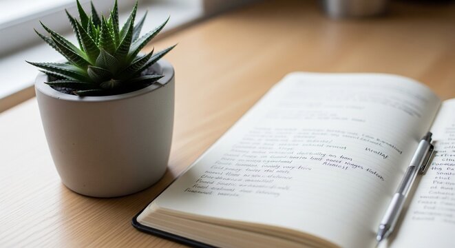 A peaceful workspace featuring a succulent in a white pot and an open notebook with handwritten notes and a pen on a wooden table