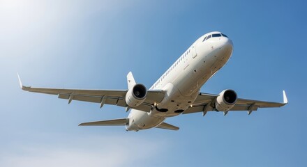 Obraz premium White commercial passenger airplane flying in blue sky. Aviation transport for international travel. Modern jet aircraft taking off or landing at airport. Tourism and global journey.