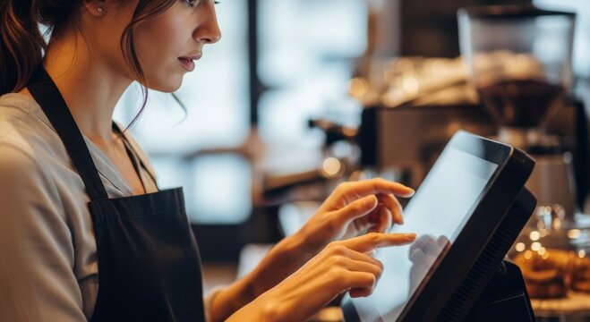 Woman barista using touch screen pos system in coffee shop. Employee processing customer order on digital tablet. Small business management, retail technology, service worker concept.