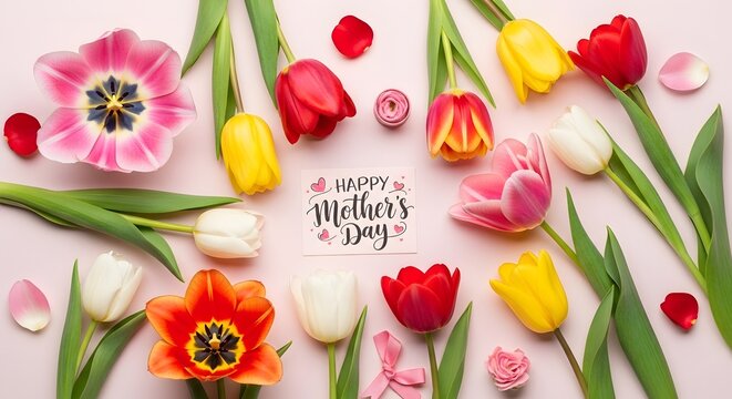 Colorful Tulips with Happy Mother's Day Message on Pink Background