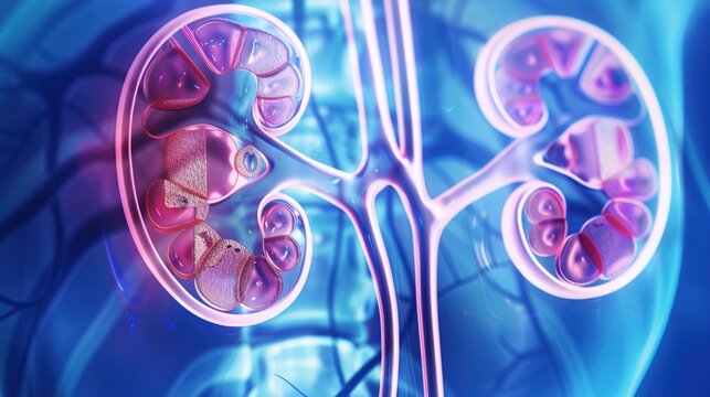 Kidney Stones Medical Illustration, Detailed Anatomy of Renal Calculus Formation in Urinary Tract, Visualization of Nephrolithiasis Pain, Obstruction and Treatment for Urology Diagnosis, Patient Educa