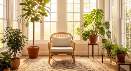 Fototapeta premium An inviting corner of a room bathed in golden sunlight. A comfortable rattan chair sits among various potted plants, creating a serene urban jungle vibe
