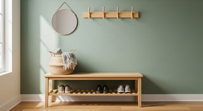 A clean mudroom setup featuring a wooden shoe bench, a round mirror, and a wall-mounted coat rack. The wall is painted a trendy sage green