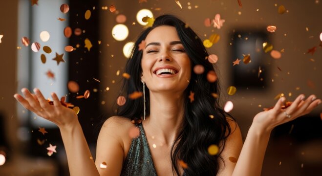 Woman laughing with gold confetti falling down. Happy girl celebrating success or birthday. Festive mood with shining glitter at festive event. Joyful female model enjoying party.