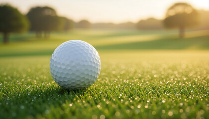 Obraz premium Golf ball resting on a lush green grassy field with trees and sunset in background for a serene sports mockup scene.