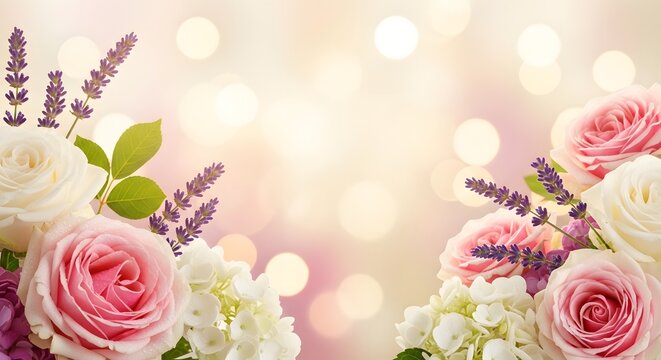 Romantic Floral Arrangement with Roses and Lavender, Soft Bokeh Background