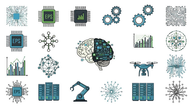 Collection of digital technology illustrations featuring circuits cogs and drone elements