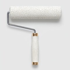 Fototapeta premium The white paint roller with its black handle stands out against a white background