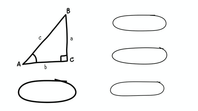 Trigonometry fundamentals and Pythagorean theorem diagram featuring sine cosine tangent formulas for a right triangle, ideal for mathematics education, physics lessons, and school textbooks