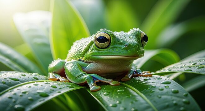 A green frog sitting on a leaf with water droplets on its body and leaves