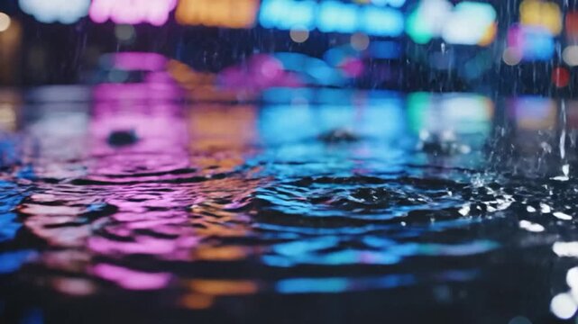 Raining weather night city lights splash reflection in puddle