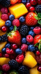 Obraz premium Fruit salad. Large fruits and berries. Raspberries, blueberries, blackberries, currants, strawberries. Close-up.