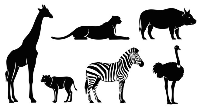 Set of African Wildlife Silhouettes: Giraffe, Zebra, Ostrich, Leopard, Warthog