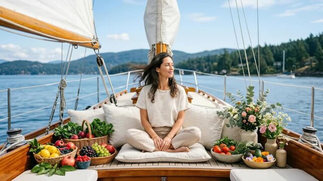a graphic commercial shot presents the wellness coach elegantly positioned at the center of the boat, her relaxed posture exuding tranquility. surrounding her, vibrant