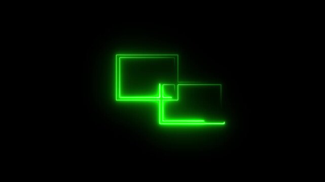 an abstract, animated graphic of neon green square frames on a solid black background. two rectangular or square borders constructed from glowing, fluorescent green lines.