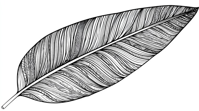 Detailed black and white illustration of a single feather on white backdrop