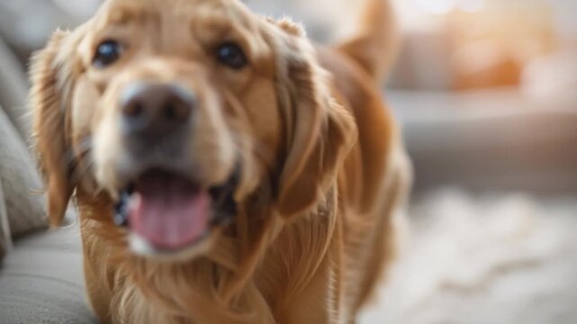 Happy golden retriever with beaming expression excitedly dashes towards its owner, bathed in warm sunlight streaming through living room windows, creating snug inviting atmosphere full joyful energy