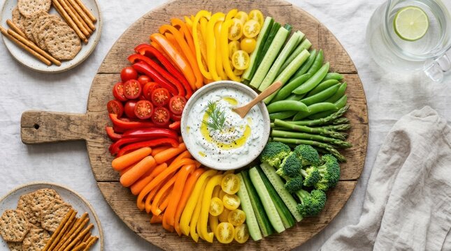 Colorful vegetable platter with creamy dip and crackers for healthy snacking