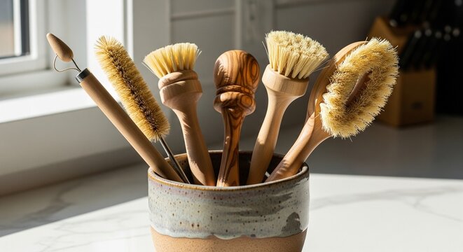 Collection of wooden kitchen dish brushes in a ceramic pot