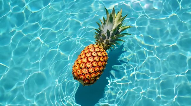 Pineapple Floating in Sparkling Blue Swimming Pool Water on a Sunny Day.