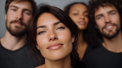 Obraz premium Confident team portrait featuring a central woman and two men in a professional softly lit studio setting