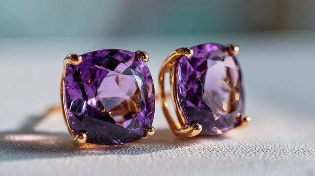 Amethyst stud earrings on a light background. Close-up.