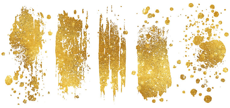 Luxury golden grunge paint brush stroke set splash vector design. abstract gold foil stain artistic line element banner border frame background.