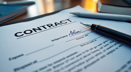 Fototapeta premium Close-up of signed business contract with pen on wooden desk in warm office lighting